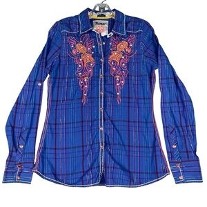 Roar Snap Up Embroidered Rhinestone Metallic Cowgirl Western Shirt -  Juniors L